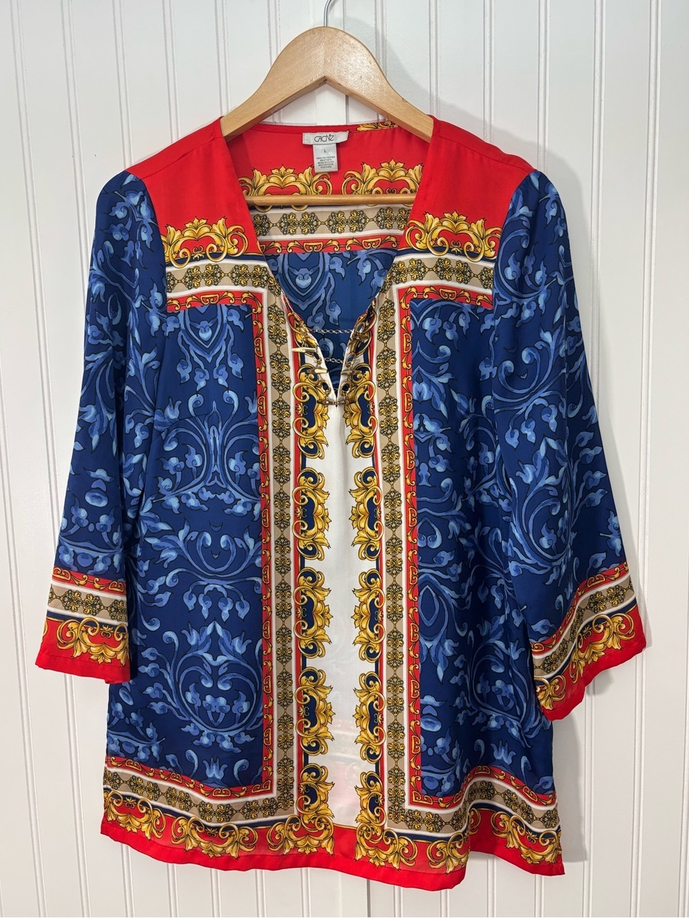 Cache Satin Baroque Print Tunic Blouse Chain Detail Blue Red Gold Size L Resort